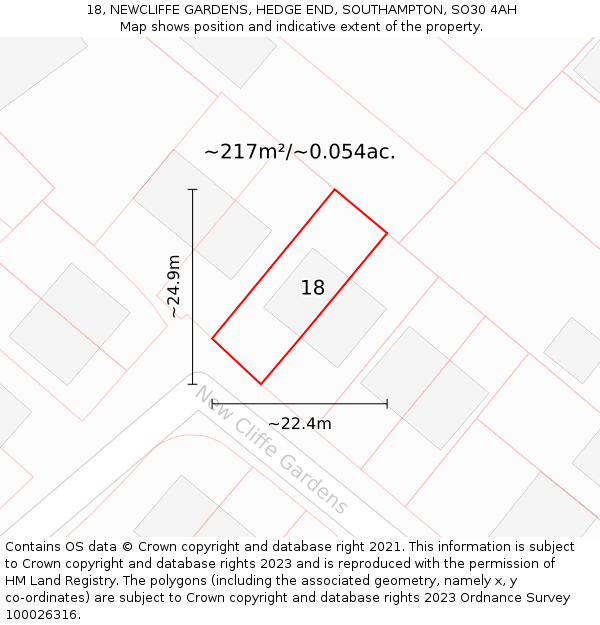18, NEWCLIFFE GARDENS, HEDGE END, SOUTHAMPTON, SO30 4AH: Plot and title map