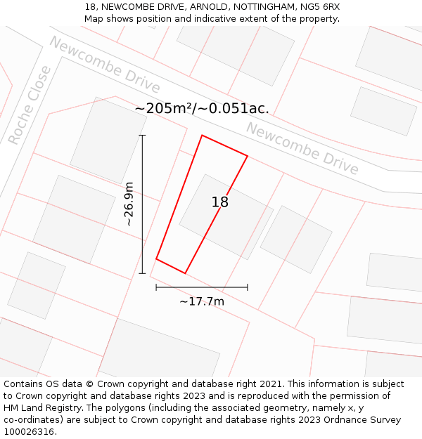 18, NEWCOMBE DRIVE, ARNOLD, NOTTINGHAM, NG5 6RX: Plot and title map