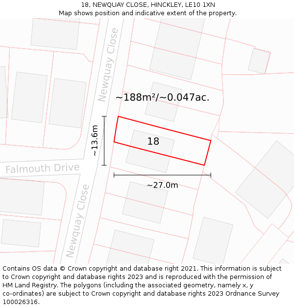 18, NEWQUAY CLOSE, HINCKLEY, LE10 1XN: Plot and title map