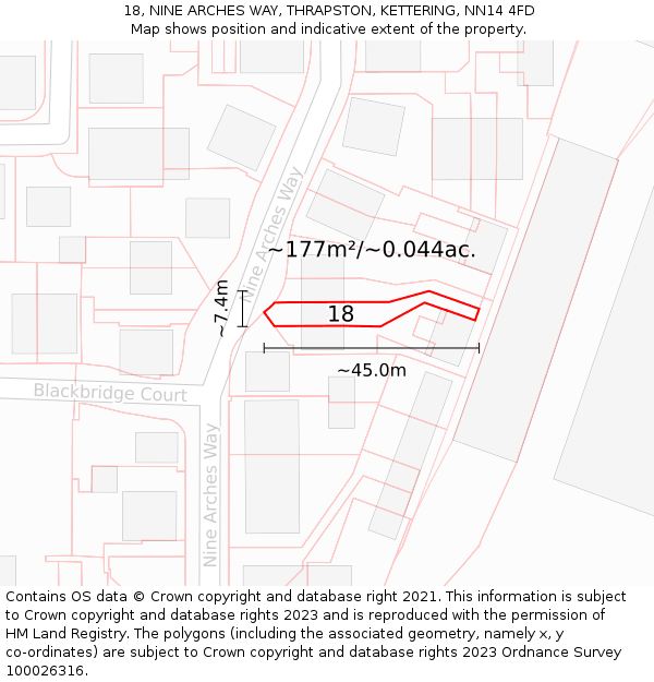 18, NINE ARCHES WAY, THRAPSTON, KETTERING, NN14 4FD: Plot and title map