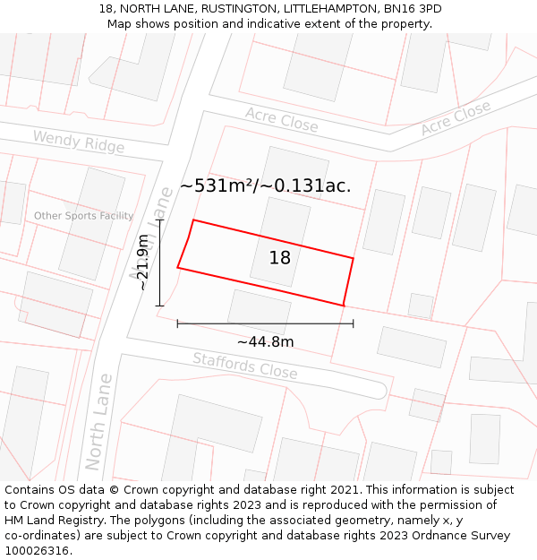 18, NORTH LANE, RUSTINGTON, LITTLEHAMPTON, BN16 3PD: Plot and title map