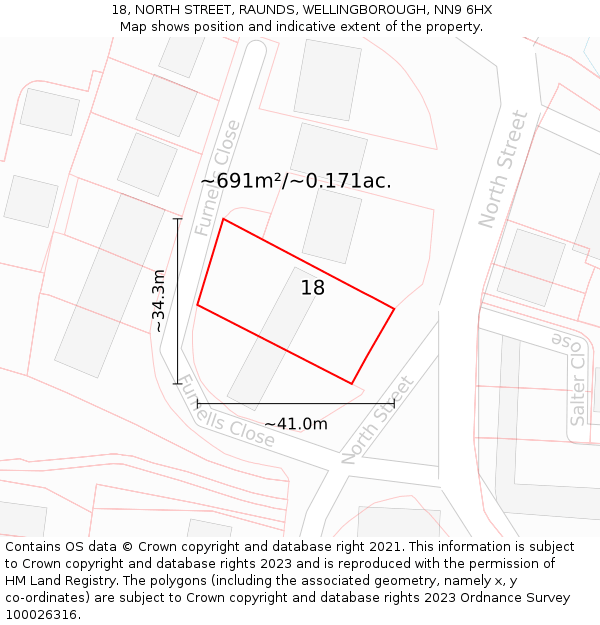 18, NORTH STREET, RAUNDS, WELLINGBOROUGH, NN9 6HX: Plot and title map
