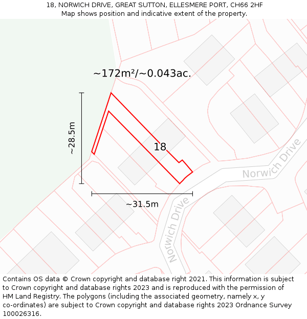 18, NORWICH DRIVE, GREAT SUTTON, ELLESMERE PORT, CH66 2HF: Plot and title map