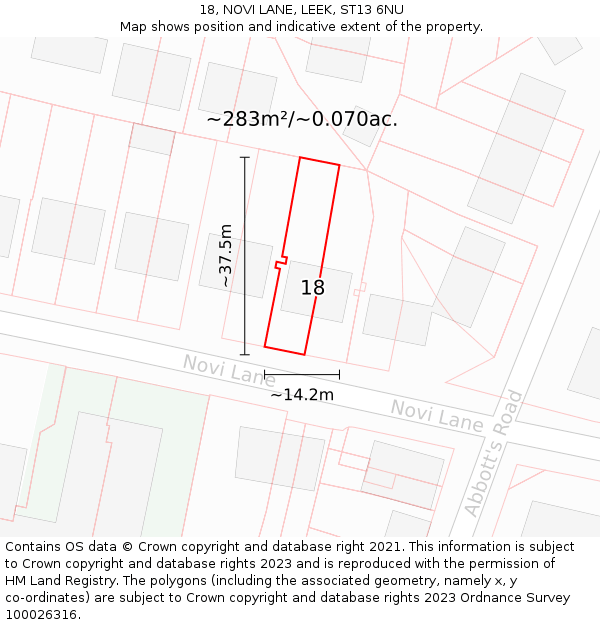 18, NOVI LANE, LEEK, ST13 6NU: Plot and title map