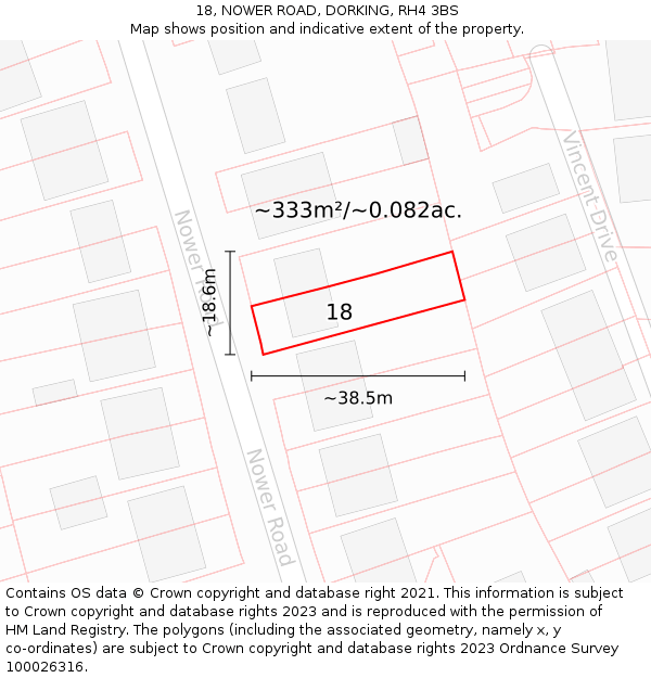 18, NOWER ROAD, DORKING, RH4 3BS: Plot and title map