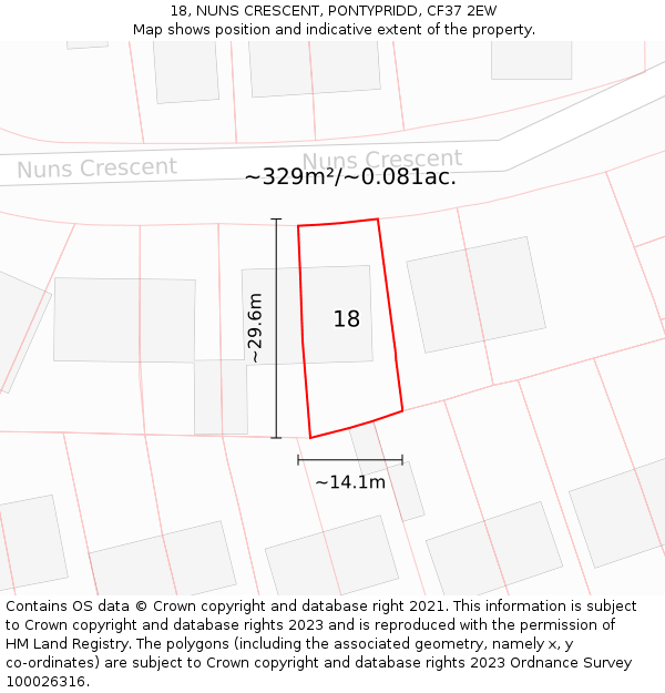 18, NUNS CRESCENT, PONTYPRIDD, CF37 2EW: Plot and title map
