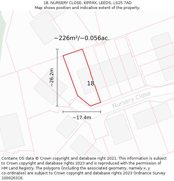 18, NURSERY CLOSE, KIPPAX, LEEDS, LS25 7AD: Plot and title map
