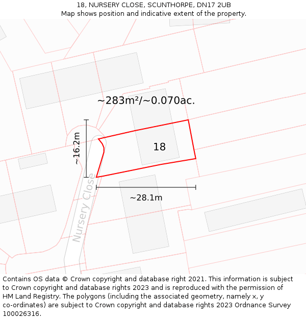 18, NURSERY CLOSE, SCUNTHORPE, DN17 2UB: Plot and title map