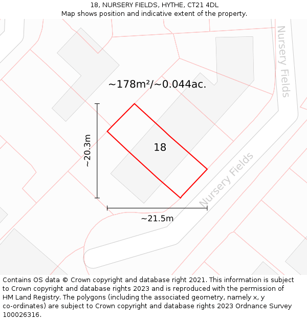 18, NURSERY FIELDS, HYTHE, CT21 4DL: Plot and title map