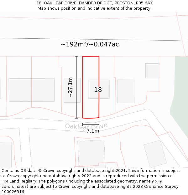 18, OAK LEAF DRIVE, BAMBER BRIDGE, PRESTON, PR5 6AX: Plot and title map