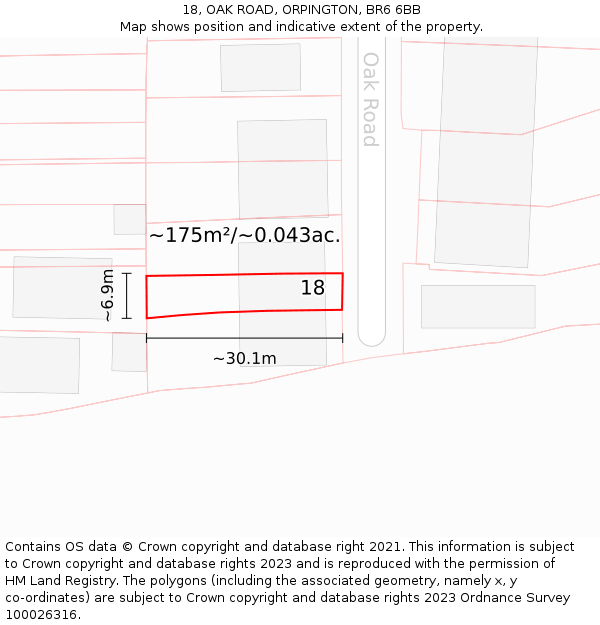 18, OAK ROAD, ORPINGTON, BR6 6BB: Plot and title map