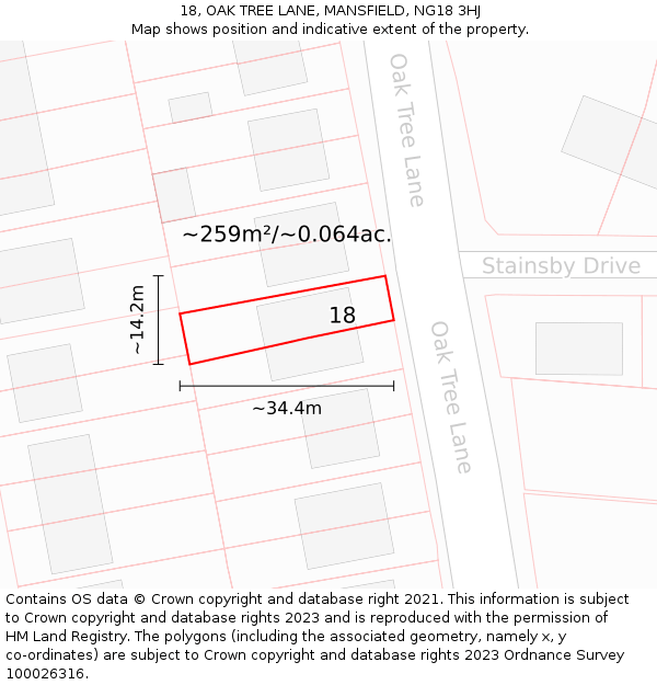 18, OAK TREE LANE, MANSFIELD, NG18 3HJ: Plot and title map