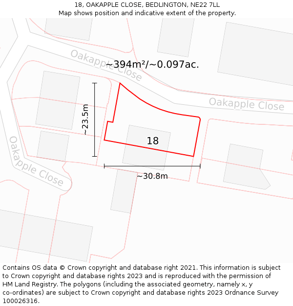 18, OAKAPPLE CLOSE, BEDLINGTON, NE22 7LL: Plot and title map