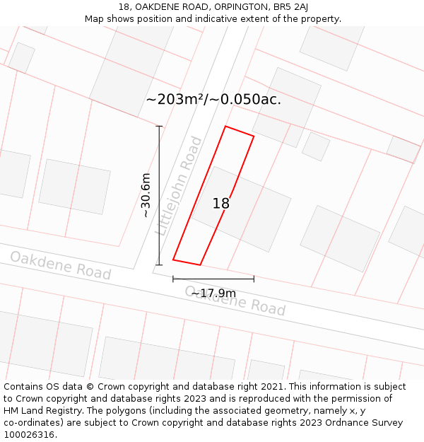 18, OAKDENE ROAD, ORPINGTON, BR5 2AJ: Plot and title map