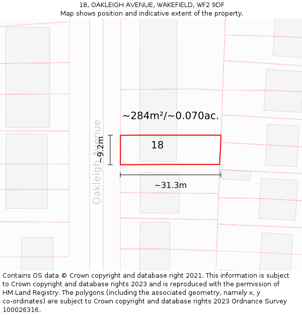 18, OAKLEIGH AVENUE, WAKEFIELD, WF2 9DF: Plot and title map