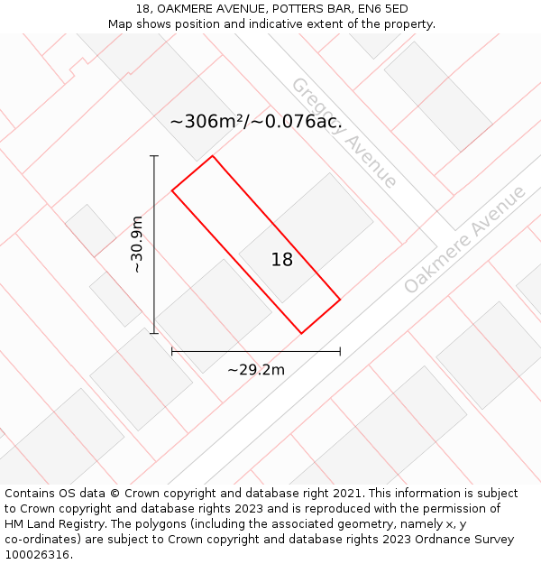 18, OAKMERE AVENUE, POTTERS BAR, EN6 5ED: Plot and title map