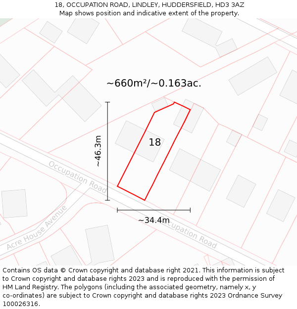 18, OCCUPATION ROAD, LINDLEY, HUDDERSFIELD, HD3 3AZ: Plot and title map