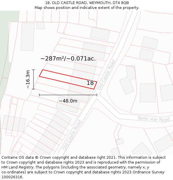 18, OLD CASTLE ROAD, WEYMOUTH, DT4 8QB: Plot and title map
