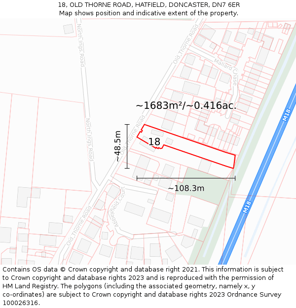 18, OLD THORNE ROAD, HATFIELD, DONCASTER, DN7 6ER: Plot and title map
