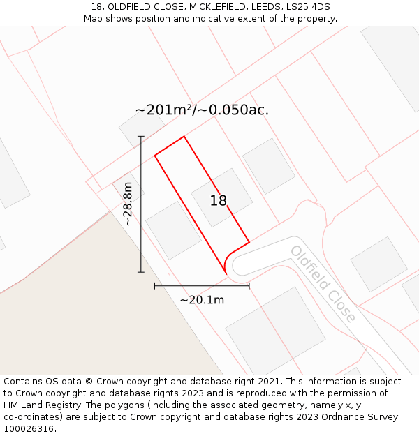 18, OLDFIELD CLOSE, MICKLEFIELD, LEEDS, LS25 4DS: Plot and title map