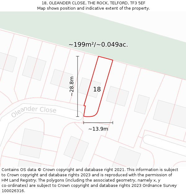 18, OLEANDER CLOSE, THE ROCK, TELFORD, TF3 5EF: Plot and title map