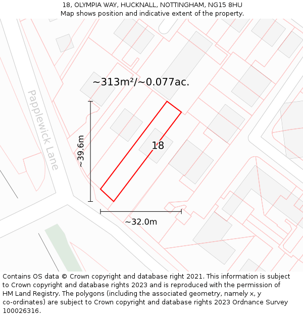 18, OLYMPIA WAY, HUCKNALL, NOTTINGHAM, NG15 8HU: Plot and title map