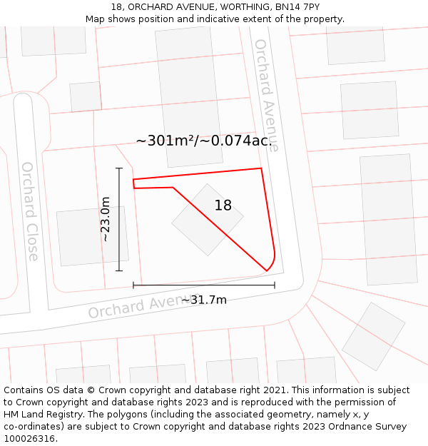 18, ORCHARD AVENUE, WORTHING, BN14 7PY: Plot and title map