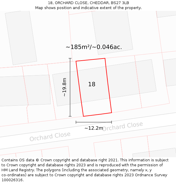 18, ORCHARD CLOSE, CHEDDAR, BS27 3LB: Plot and title map
