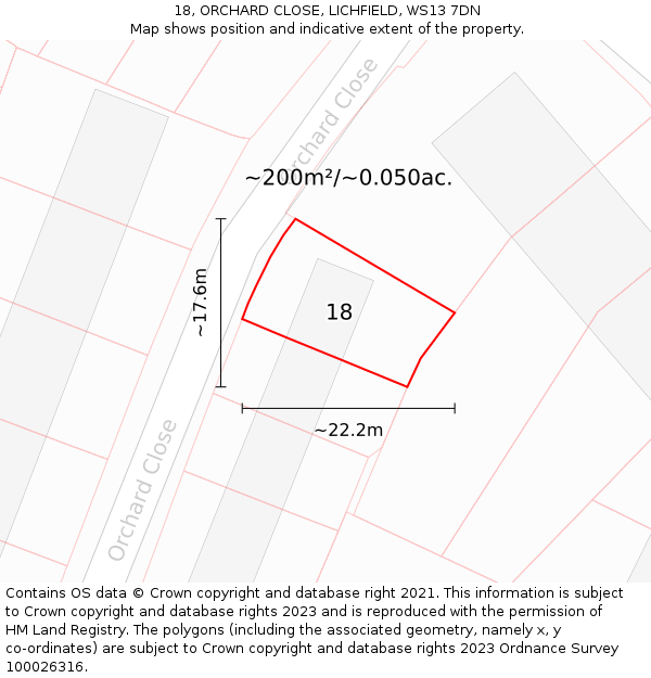 18, ORCHARD CLOSE, LICHFIELD, WS13 7DN: Plot and title map
