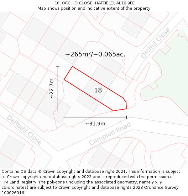 18, ORCHID CLOSE, HATFIELD, AL10 9FE: Plot and title map
