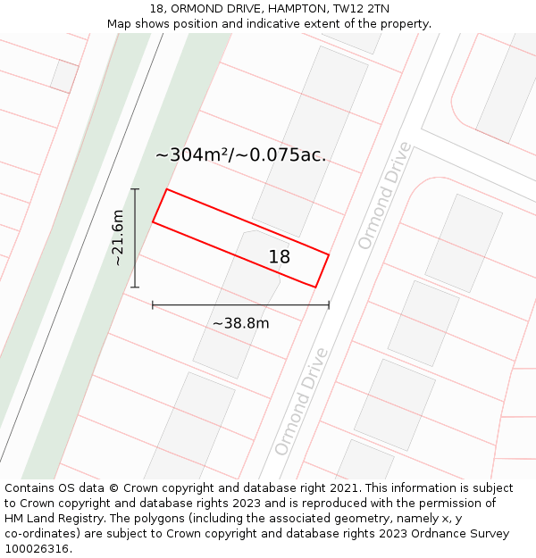 18, ORMOND DRIVE, HAMPTON, TW12 2TN: Plot and title map