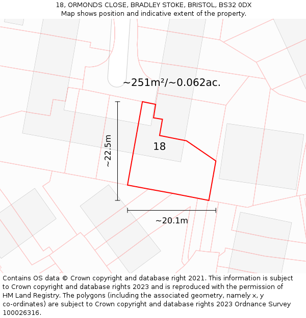 18, ORMONDS CLOSE, BRADLEY STOKE, BRISTOL, BS32 0DX: Plot and title map