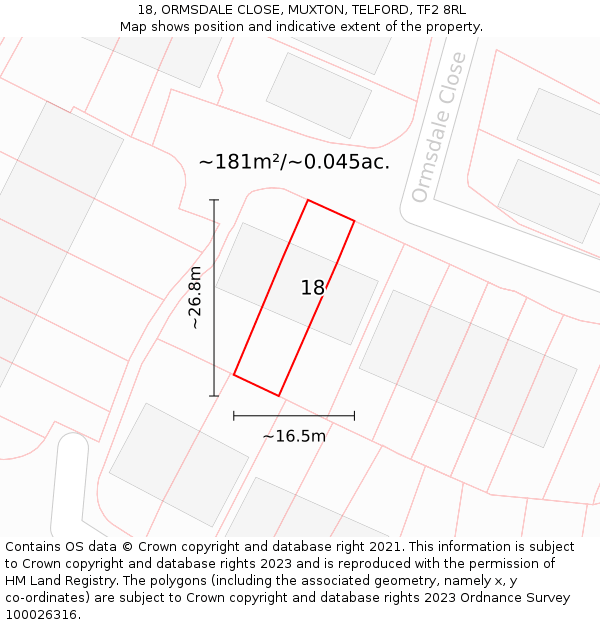 18, ORMSDALE CLOSE, MUXTON, TELFORD, TF2 8RL: Plot and title map