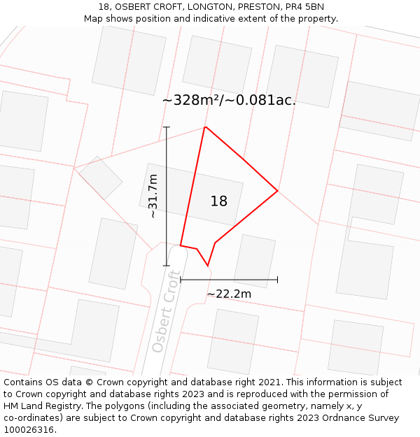 18, OSBERT CROFT, LONGTON, PRESTON, PR4 5BN: Plot and title map