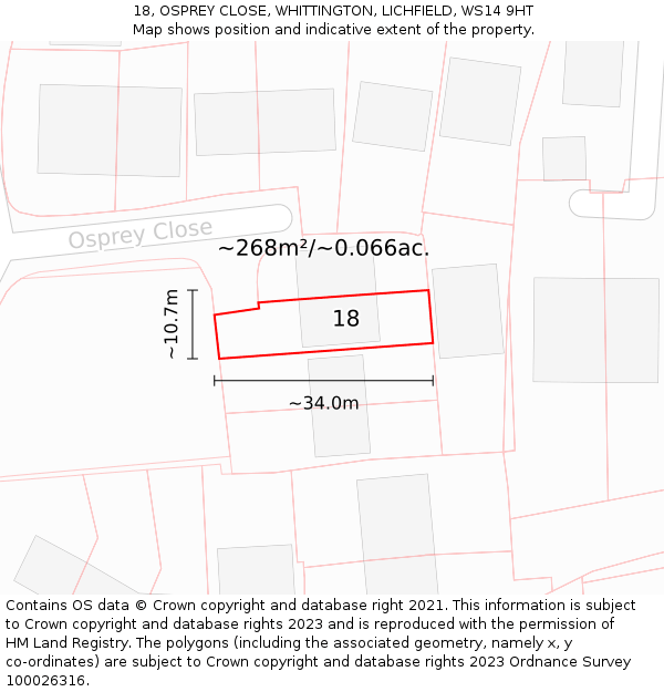 18, OSPREY CLOSE, WHITTINGTON, LICHFIELD, WS14 9HT: Plot and title map