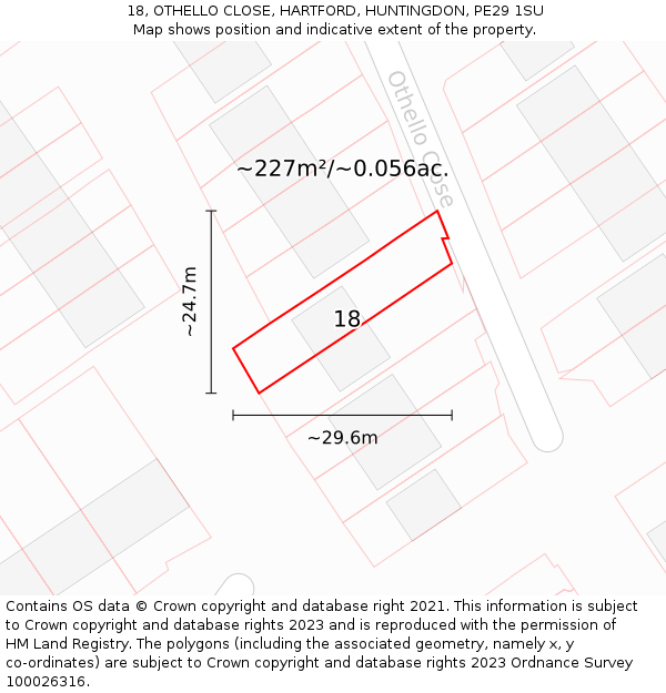 18, OTHELLO CLOSE, HARTFORD, HUNTINGDON, PE29 1SU: Plot and title map