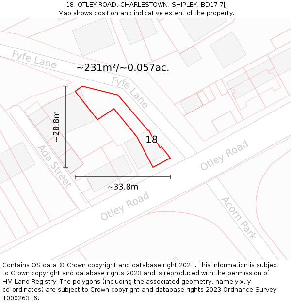 18, OTLEY ROAD, CHARLESTOWN, SHIPLEY, BD17 7JJ: Plot and title map