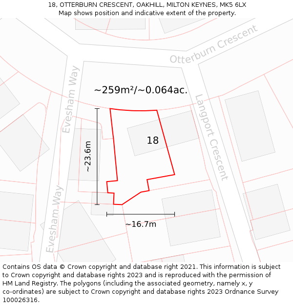 18, OTTERBURN CRESCENT, OAKHILL, MILTON KEYNES, MK5 6LX: Plot and title map