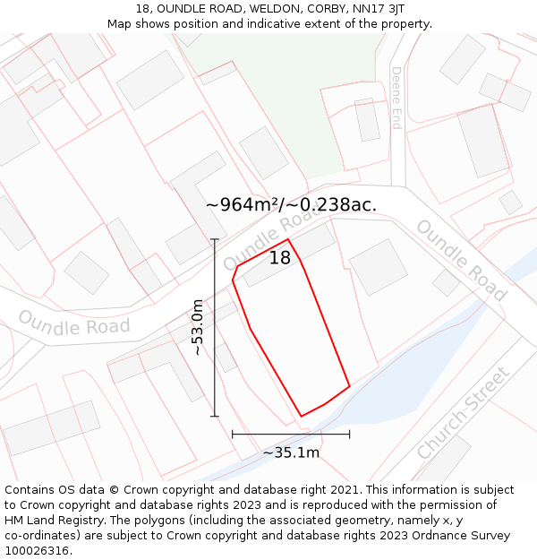 18, OUNDLE ROAD, WELDON, CORBY, NN17 3JT: Plot and title map