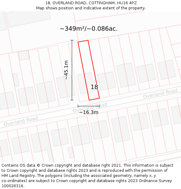 18, OVERLAND ROAD, COTTINGHAM, HU16 4PZ: Plot and title map