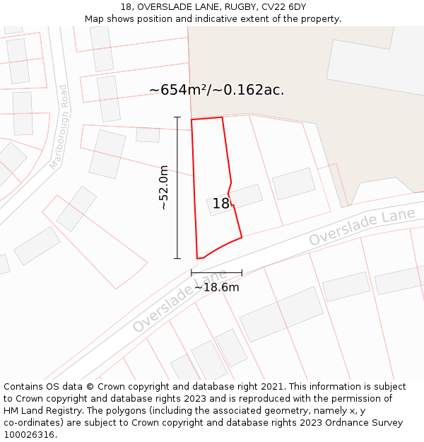 18, OVERSLADE LANE, RUGBY, CV22 6DY: Plot and title map