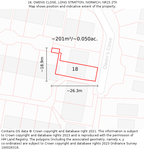 18, OWENS CLOSE, LONG STRATTON, NORWICH, NR15 2TX: Plot and title map