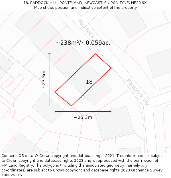 18, PADDOCK HILL, PONTELAND, NEWCASTLE UPON TYNE, NE20 9XL: Plot and title map
