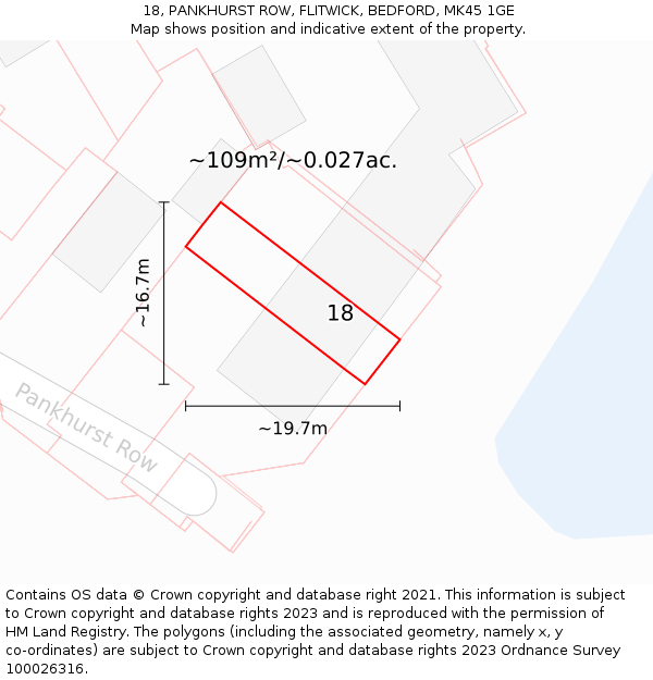 18, PANKHURST ROW, FLITWICK, BEDFORD, MK45 1GE: Plot and title map