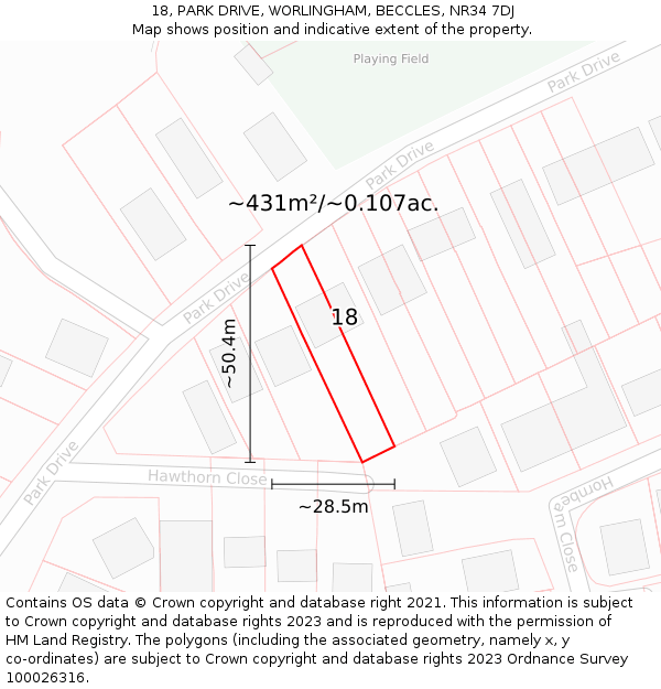 18, PARK DRIVE, WORLINGHAM, BECCLES, NR34 7DJ: Plot and title map