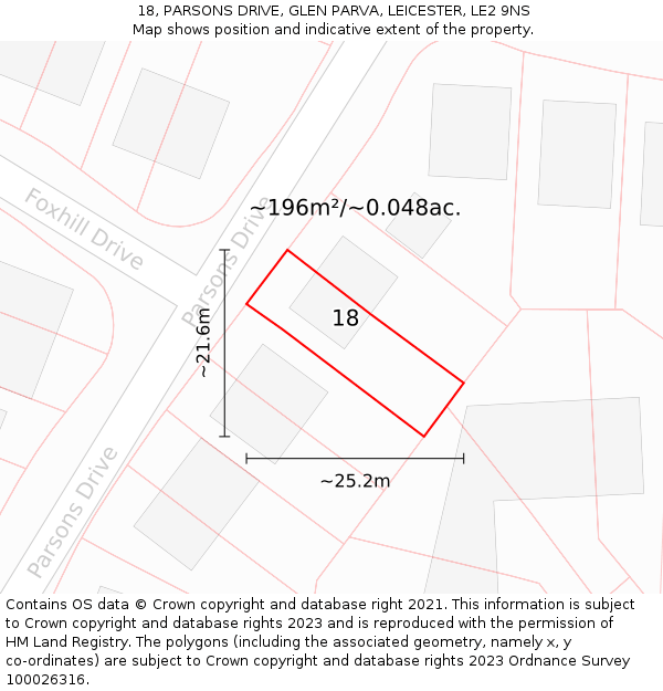 18, PARSONS DRIVE, GLEN PARVA, LEICESTER, LE2 9NS: Plot and title map