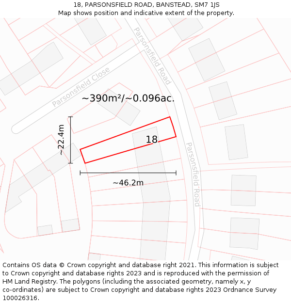 18, PARSONSFIELD ROAD, BANSTEAD, SM7 1JS: Plot and title map