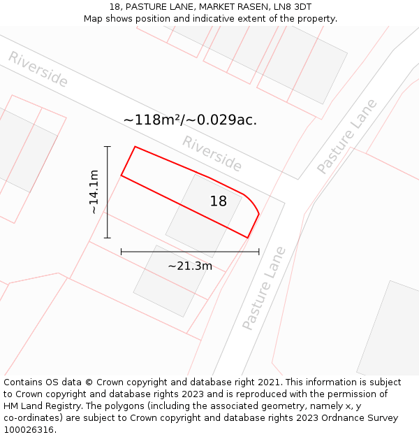 18, PASTURE LANE, MARKET RASEN, LN8 3DT: Plot and title map