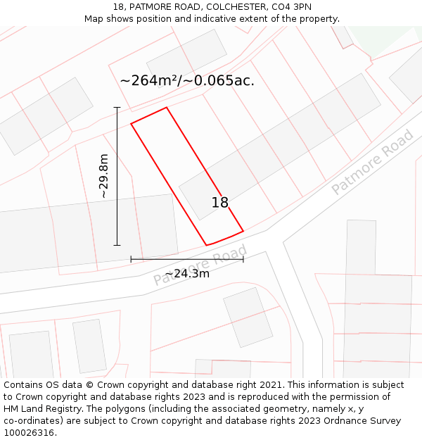 18, PATMORE ROAD, COLCHESTER, CO4 3PN: Plot and title map