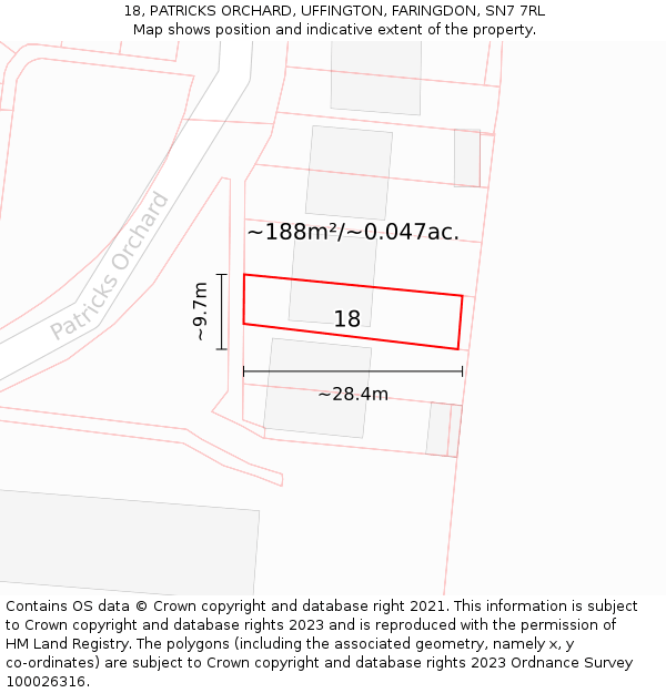 18, PATRICKS ORCHARD, UFFINGTON, FARINGDON, SN7 7RL: Plot and title map